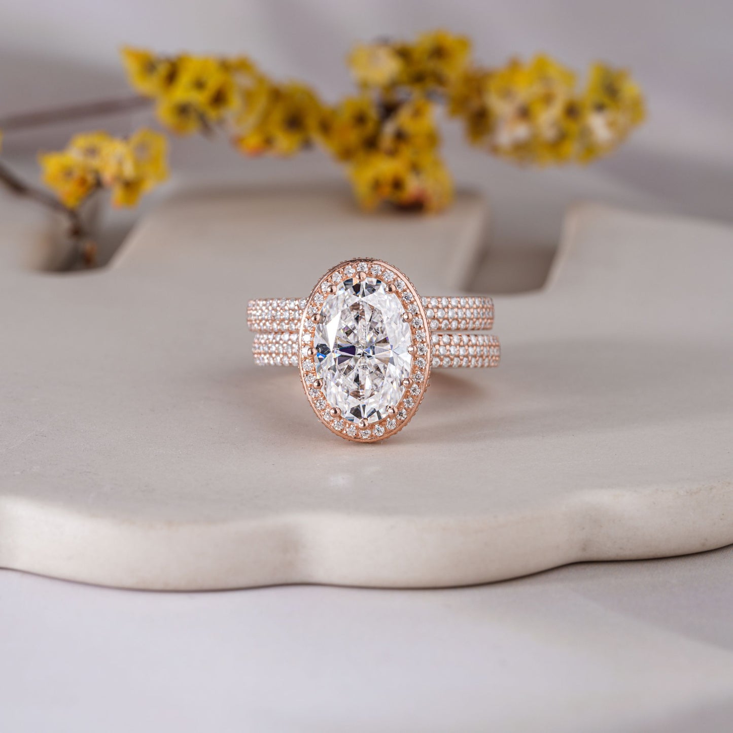 Antique Oval Brilliant Cut Hidden Halo Pave Moissanite Bridal Set