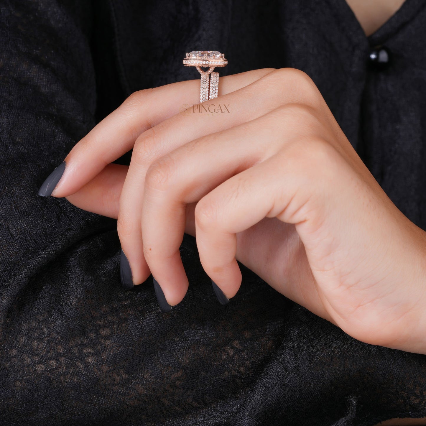 Antique Oval Brilliant Cut Hidden Halo Pave Moissanite Bridal Set
