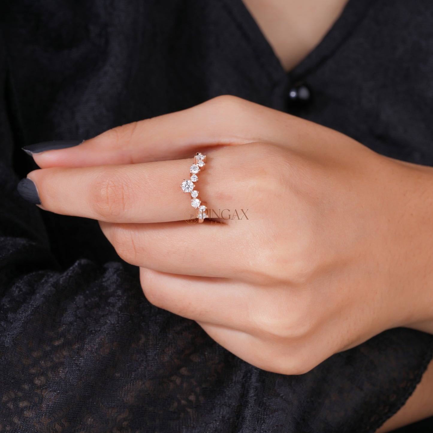 V Shaped Chevron Wedding Band with Brilliant Round Moissanite