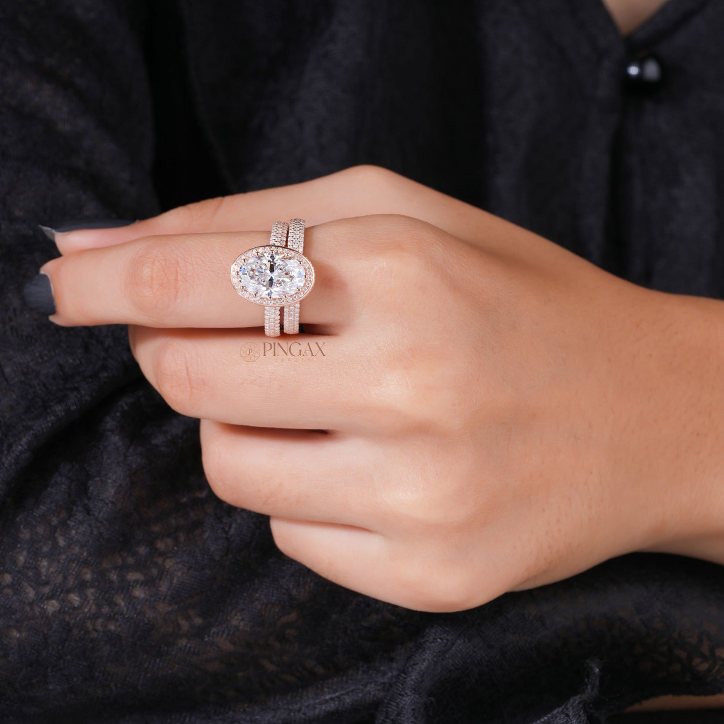 Antique Oval Brilliant Cut Hidden Halo Pave Moissanite Bridal Set