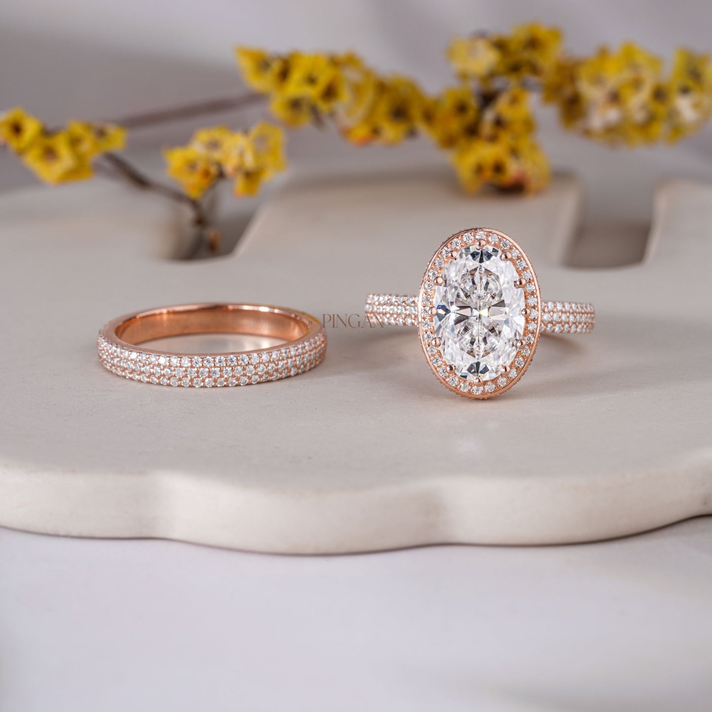 Antique Oval Brilliant Cut Hidden Halo Pave Moissanite Bridal Set