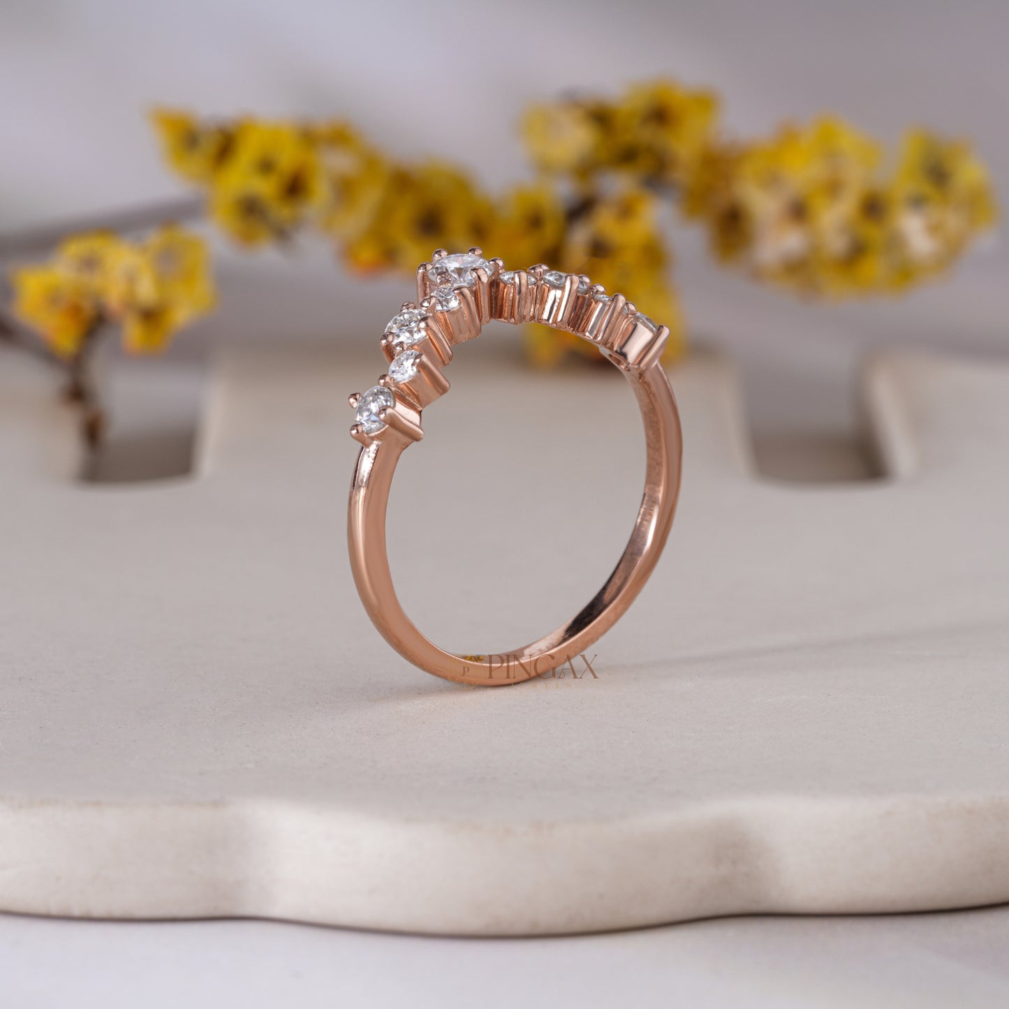 V Shaped Chevron Wedding Band with Brilliant Round Moissanite
