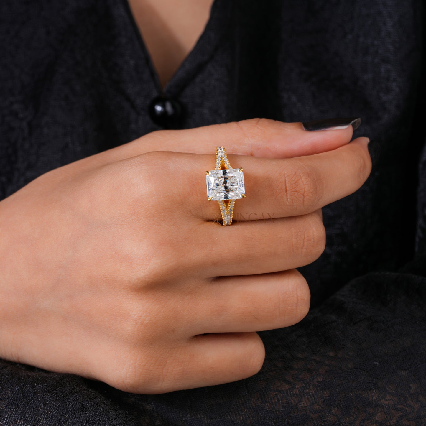 Radiant Cut Moissanite Split Shank Engagement Ring