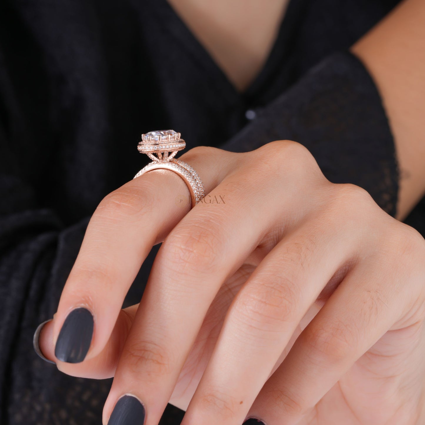 Antique Oval Brilliant Cut Hidden Halo Pave Moissanite Bridal Set