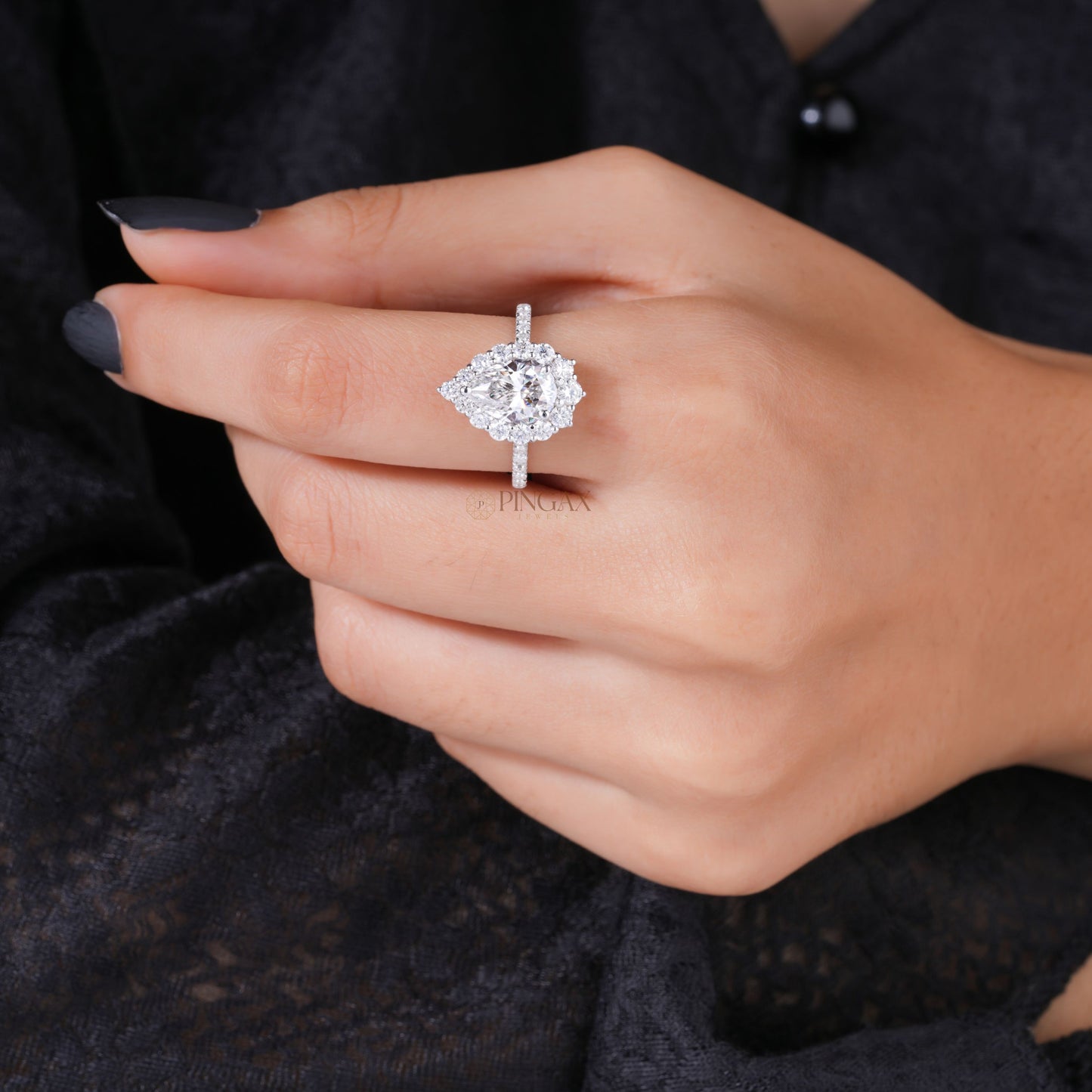 Pear Cut Halo Pave Moissanite Wedding Ring For Her