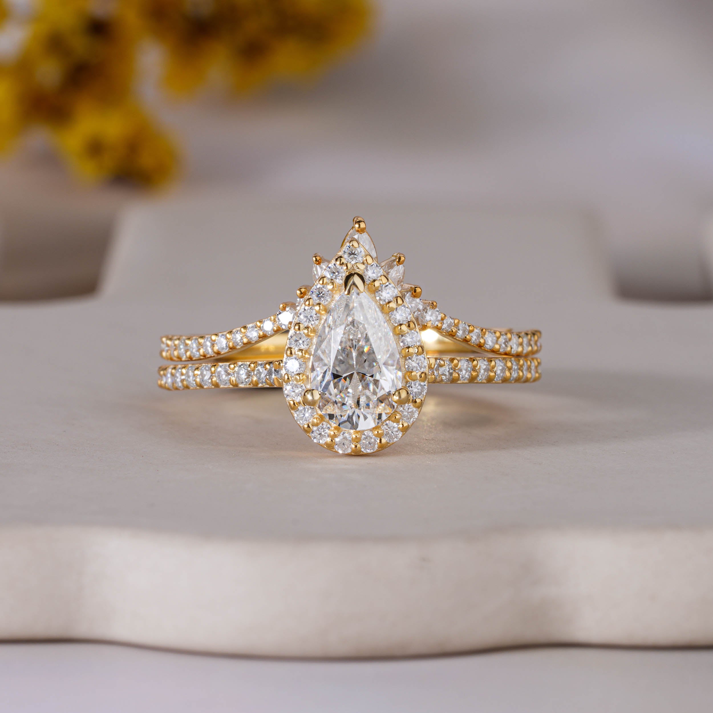 Pear Cut Moissanite Halo Engagement ring set for bridal with curved matching band