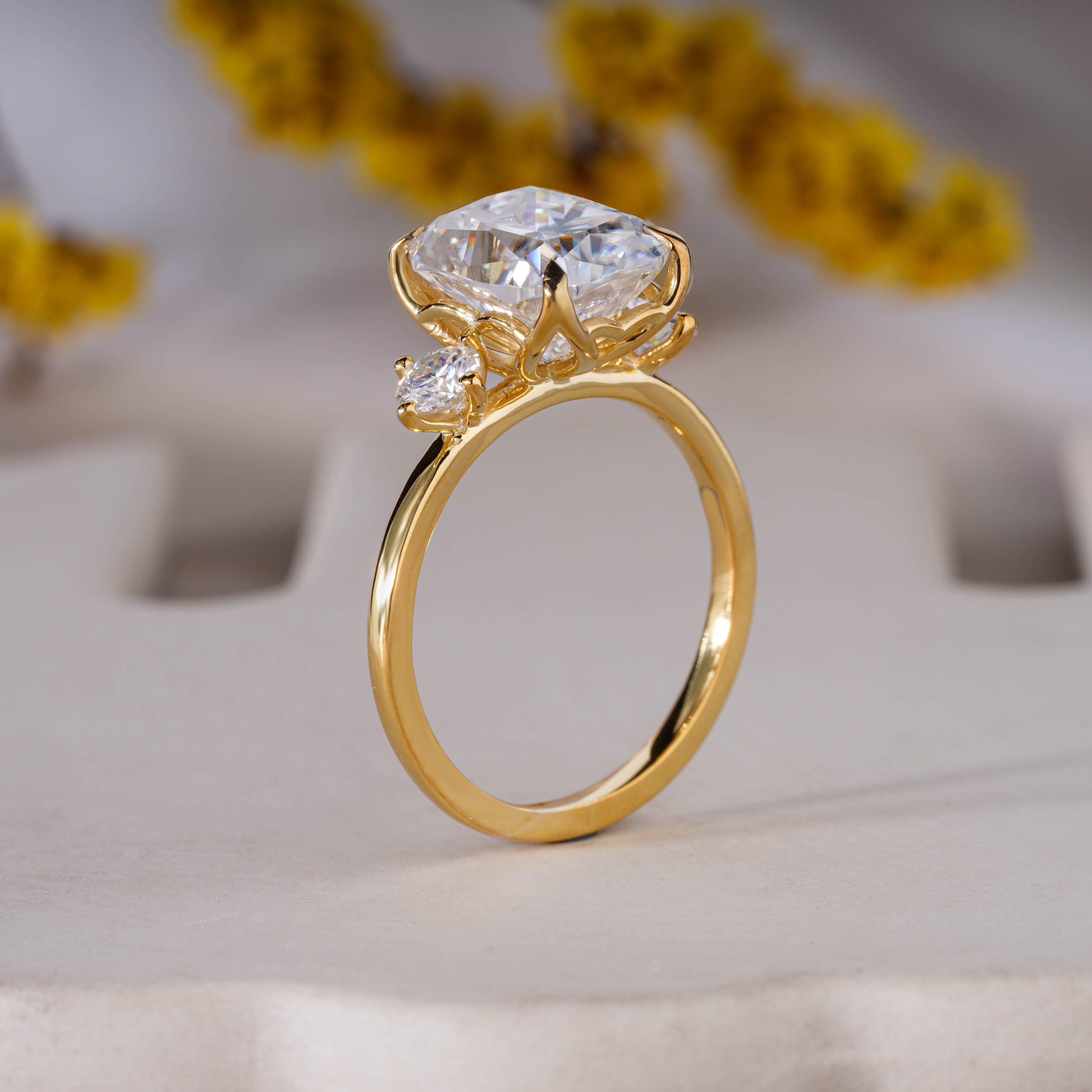 4.99 Ct Elongated Cushion Cut Moissanite Three Stone Engagement Ring Bridal Yellow Gold Ring