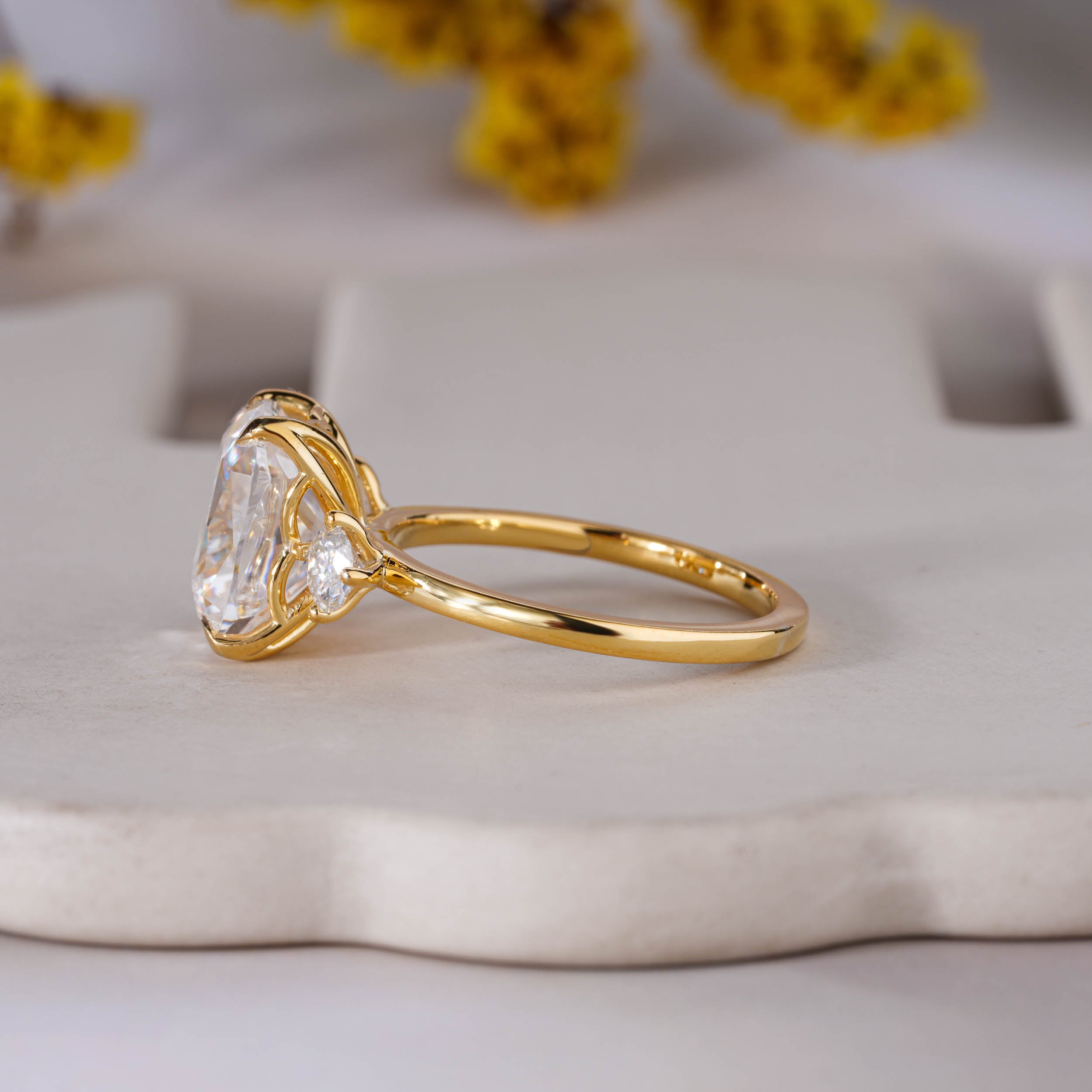 4.99 Ct Elongated Cushion Cut Moissanite Three Stone Engagement Ring Bridal Yellow Gold Ring